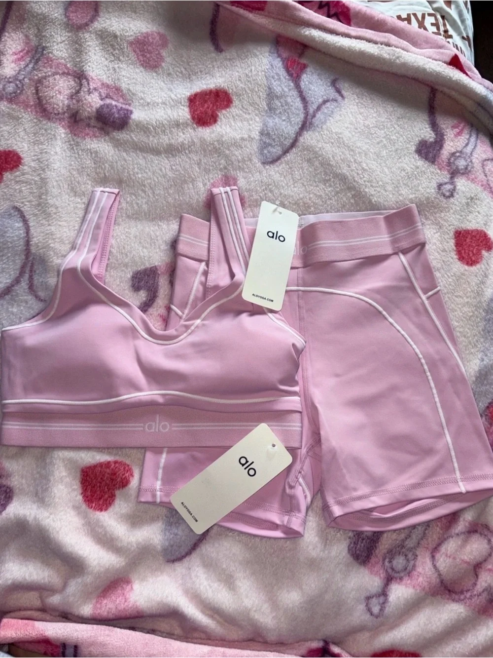 ALO Yoga Light Pink Seamless Sports Bra &  Shorts Set